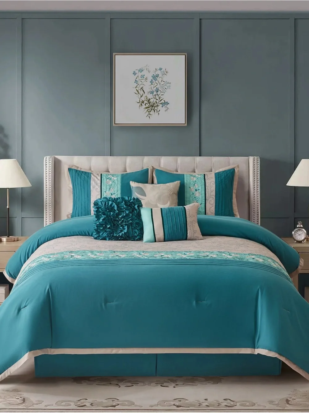 Teal and Cream Decorative Comforter Set - Elegant Home Bedding